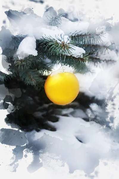 photo imitation of watercolour Christmas picture with yellow bauble on fir-tree branch