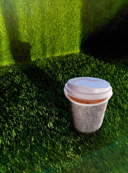 Paper Cup Coffee Oat Milk Cinnamon Green Synthetic Grass Lawn — Stock Photo, Image