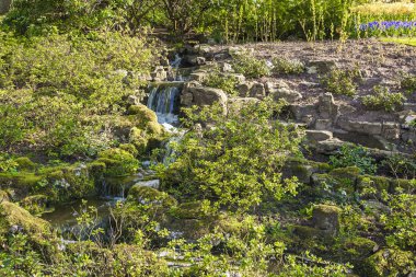 Keukenhof, Lisse, Hollanda - 18 Nisan 2019: Hollanda'nın dünyanın en büyük çiçek ve lale bahçe parkı olan Keukenhof parkının farklı köşelerine bakış. Hollanda'nın en popüler yerlerinden biri