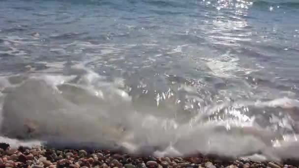 Closeup Pebble Stones Beach Soft Focus Sea Waves Coastline Montenegro — Stock Video