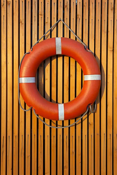 Lifebuoy Hanging Wooden Plank Wall Sunset — Stock Photo, Image