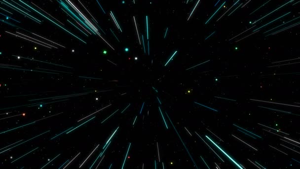 Animation graphique abstraite économiseur d'écran d'ordinateur avec des particules de couleur dans un espace noir avec des rayons et des lignes 