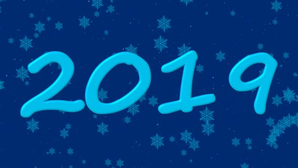 动画新年美丽的屏幕保护程序与雪花在蓝色色调和题字 2019 — 图库视频影像
