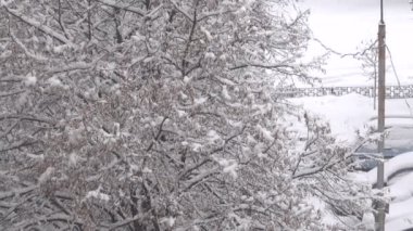 Kış video, sabah kar yağışı şehir, yakınlaştırma ve kamera hareketli etkisi ile bulutlu havalarda