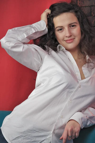 Beautiful Attractive Girl White Men Shirt Sitting Blue Sofa — Stock Photo, Image