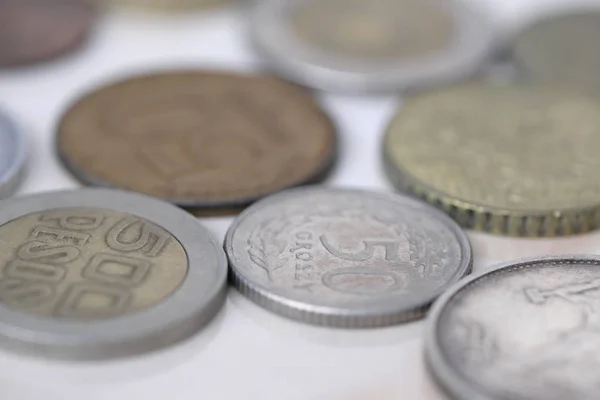 Coins Different Countries Shot Shallow Depth Field Close — Stock Photo, Image