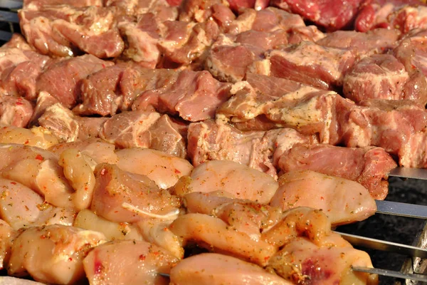Мясо на шампуре готовят на гриле — стоковое фото