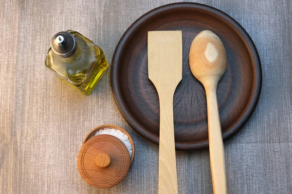 Cozinha ainda vida em uma toalha de mesa cinza — Fotografia de Stock