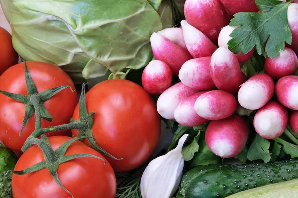 Natureza morta com tomates e outros legumes — Fotografia de Stock