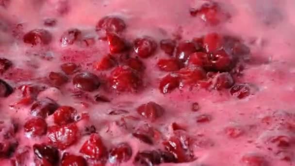 ビデオクリップチェリージャムベリーをクローズアップ撮影砂糖で独自のジュースで沸騰させるプロセス — ストック動画
