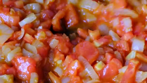 White Onion Chopped Small Pieces Stewed Red Fresh Tomatoes Olive — Stock Video