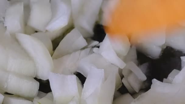 Λευκό Κρεμμύδι Κομμένο Μικρά Κομμάτια Κατσαρόλας Κόκκινες Φρέσκες Ντομάτες Ελαιόλαδο — Αρχείο Βίντεο
