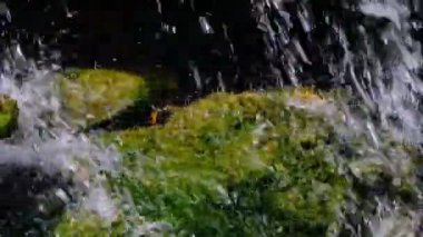 Bir yaz botanik bahçesinde küçük bir dekoratif yapay şelale parçası, manzara tasarımı video klip 1080p yakın çekim sırasında zoom ve kamera hareketi kullanarak