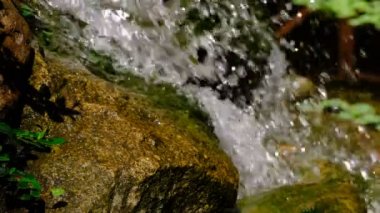 Bir yaz botanik bahçesinde küçük bir dekoratif yapay şelale parçası, peyzaj tasarımı video klip 4k close-up