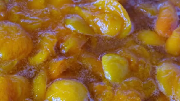 Marillenmarmelade Aus Der Hälfte Entkernter Früchte Eigenen Saft Kochen Dazu — Stockvideo