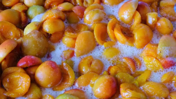 烹饪杏果酱从一半坑状水果在自己的果汁与糖添加特写镜头 — 图库视频影像