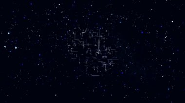 Karanlık bir arka plan bilgisayarda çok sayıda parçacık hareketli soyut bir karanlık arka plan kozmik animasyon kroki 3d render oluşturulan