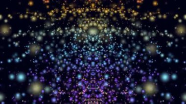 Sonsuz uzayı simüle eden karanlık uzayda birçok renkli hareketli parçacıklar ile soyut animasyonlu illüstrasyon