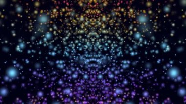 Sonsuz uzayı simüle eden karanlık uzayda birçok renkli hareketli parçacıklar ile soyut animasyonlu illüstrasyon