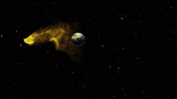 用抽象发光粒子模拟地球在黑色空间中的运动 用观察者接近物体4K分辨率 — 图库视频影像