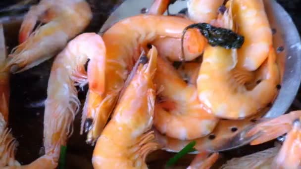 中型の海エビは 芳香族ハーブで水のポットで沸騰し クローズアップ — ストック動画