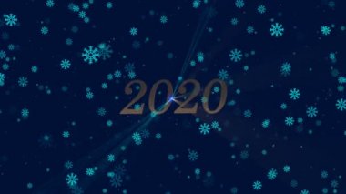 Animasyon Noel skeci, koyu mavi bir alanda uçan kar tanelerinin arka planında mutlu bir 2020 dileği.