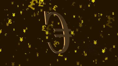 Avrupa Birliği para birimi Euro 'nun altın sembolü, para birimi biriminin kısa bir adı, dünyanın diğer para birimlerinin uçan işaretlerinin arka planında döner.