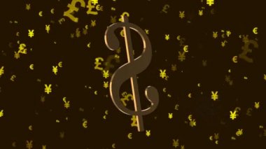 The golden symbol of the American dollar currency, a short designation of the name of the monetary unit, rotates against the background of many flying signs of other currencies of the world