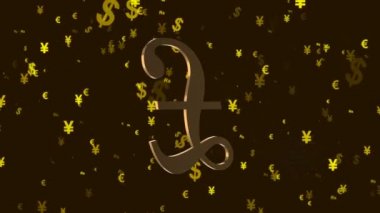 Golden symbol of the British pound currency, a short designation of the name of the currency unit, rotates against the background of many flying signs of other currencies of the world