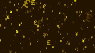 Dünyanın önde gelen para birimlerinin sarı sembolleri, para birimi biriminin kısa bir adı, uzayda kahverengi bir arka planda uçar.