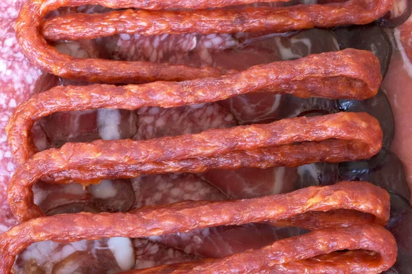 Fleisch Lebensmittel Hintergrund Aus Verschiedenen Sorten Trockenwürste Illustration Von Fleischprodukten — Stockfoto