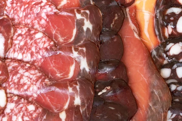 Carne Cibo Sfondo Insaccati Secchi Assortiti Diverse Varietà Illustrazione Prodotti — Foto Stock