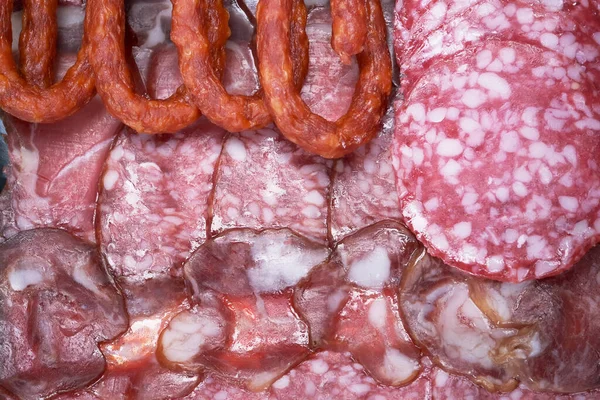 Fleisch Lebensmittel Hintergrund Aus Verschiedenen Sorten Trockenwürste Illustration Von Fleischprodukten — Stockfoto