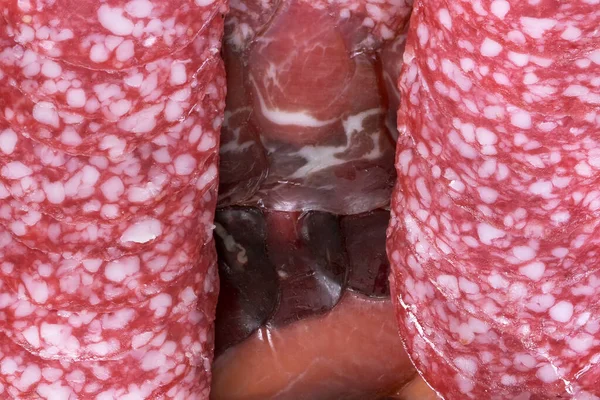 Tło Żywności Mięsnej Różnych Suszonych Kiełbasek Różnych Odmian Ilustracja Produktów — Zdjęcie stockowe