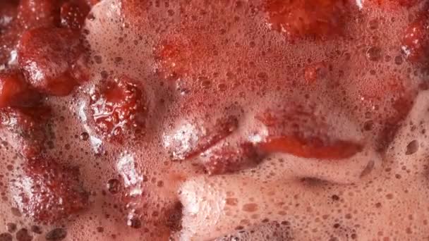 Process Making Strawberry Jam Its Own Juice Addition Sugar Open — Stock Video