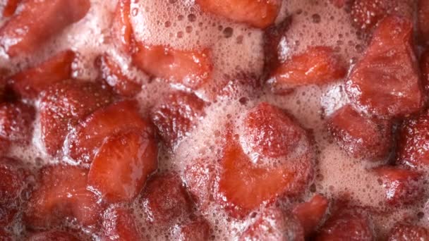 Process Making Strawberry Jam Its Own Juice Addition Sugar Open — Stock Video