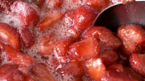 Process Making Strawberry Jam Its Own Juice Addition Sugar Open — Stock Video