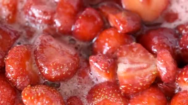 Process Making Strawberry Jam Its Own Juice Addition Sugar Open — Stock Video