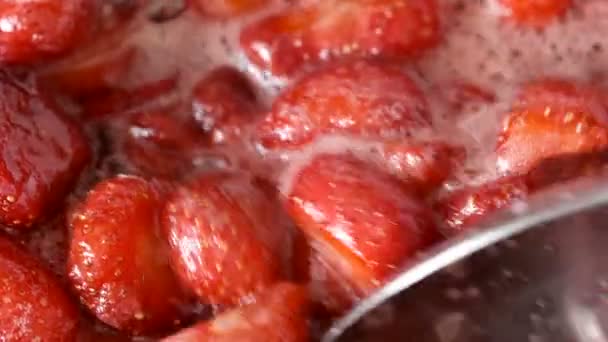Process Making Strawberry Jam Its Own Juice Addition Sugar Open — Stock Video
