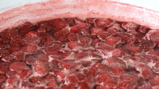 Process Making Strawberry Jam Its Own Juice Addition Sugar Open — Stock Video