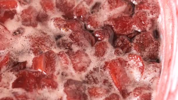 Process Making Strawberry Jam Its Own Juice Addition Sugar Open — Stock Video