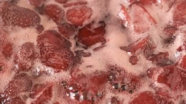 Process Making Strawberry Jam Its Own Juice Addition Sugar Open — Stock Video