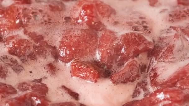 Strawberry Jam Its Own Juice Cooked Open Bowl Close Macro — Stock Video