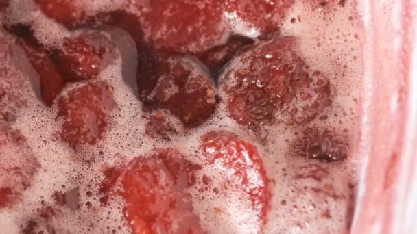 Strawberry Jam Its Own Juice Cooked Open Bowl Close Macro — Stock Video