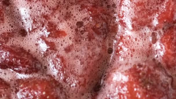 Strawberry Jam Its Own Juice Cooked Open Bowl Close Macro — Stock Video