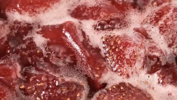 Strawberry Jam Its Own Juice Cooked Open Bowl Close Macro — Stock Video