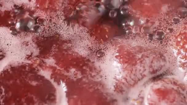 Strawberry Jam Its Own Juice Cooked Open Bowl Close Macro — Stock Video