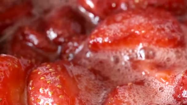 Strawberry Jam Its Own Juice Cooked Open Bowl Close Macro — Stock Video