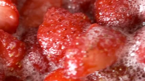 Strawberry Jam Its Own Juice Cooked Open Bowl Close Macro — Stock Video