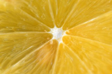 Yuvarlak limon dilimleri kesme tahtasının üzerinde yer alır. Yakın çekim makro fotoğraf, vejetaryen arka plan.